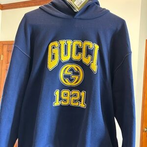 Men's Gucci cotton jersey, hooded sweatshirt with yellow logo, embroidery size L
